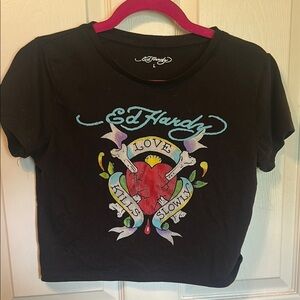 Ed Hardy Black Tee with Heart and Banner Design